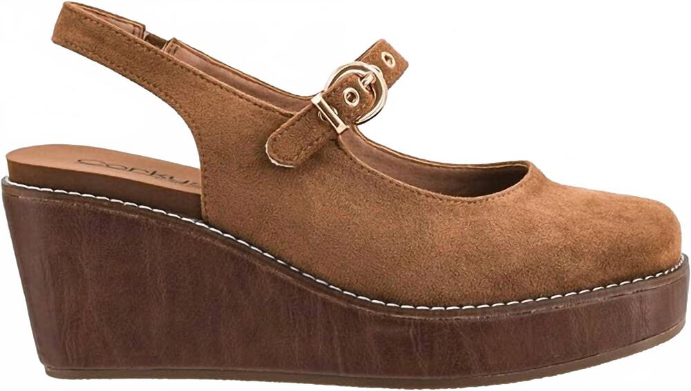 NEW CORKYS FOOTWEAR women's pity party wedge in chestnut faux suede
